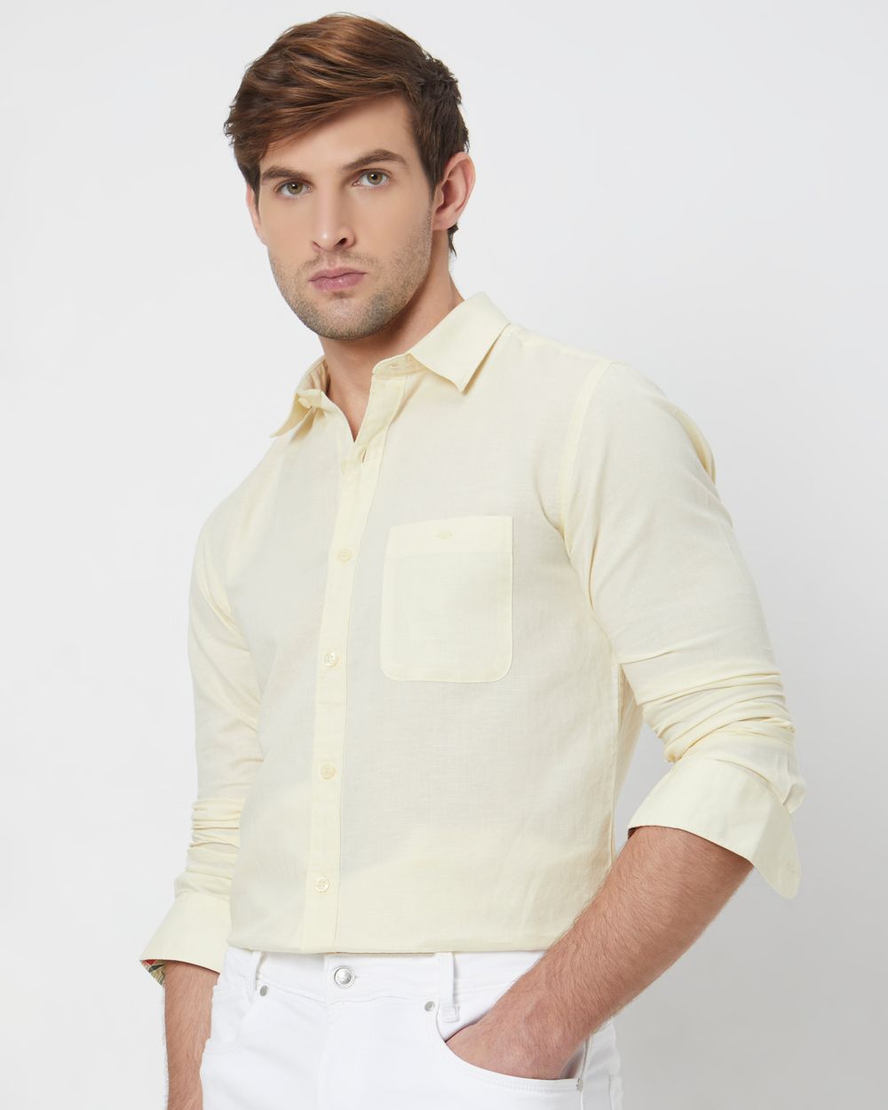 Light Yellow Cotton Linen Plain Slim Fit Casual Shirt