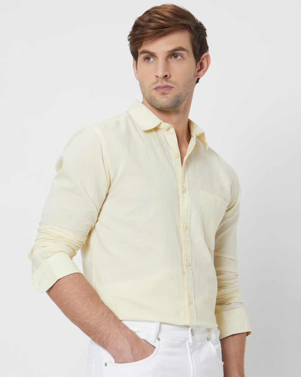Light Yellow Cotton Linen Plain Slim Fit Casual Shirt