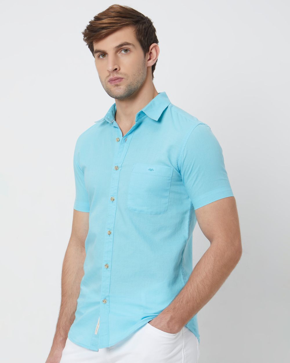 Turquoise Cotton Linen Plain Slim Fit Casual Shirt