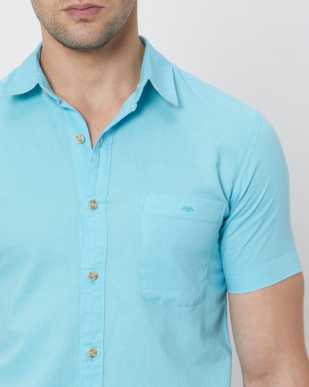 Turquoise Cotton Linen Plain Slim Fit Casual Shirt