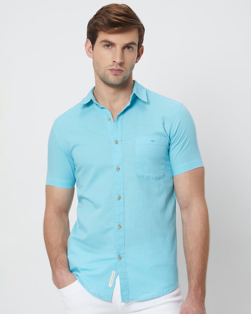 Turquoise Cotton Linen Plain Slim Fit Casual Shirt