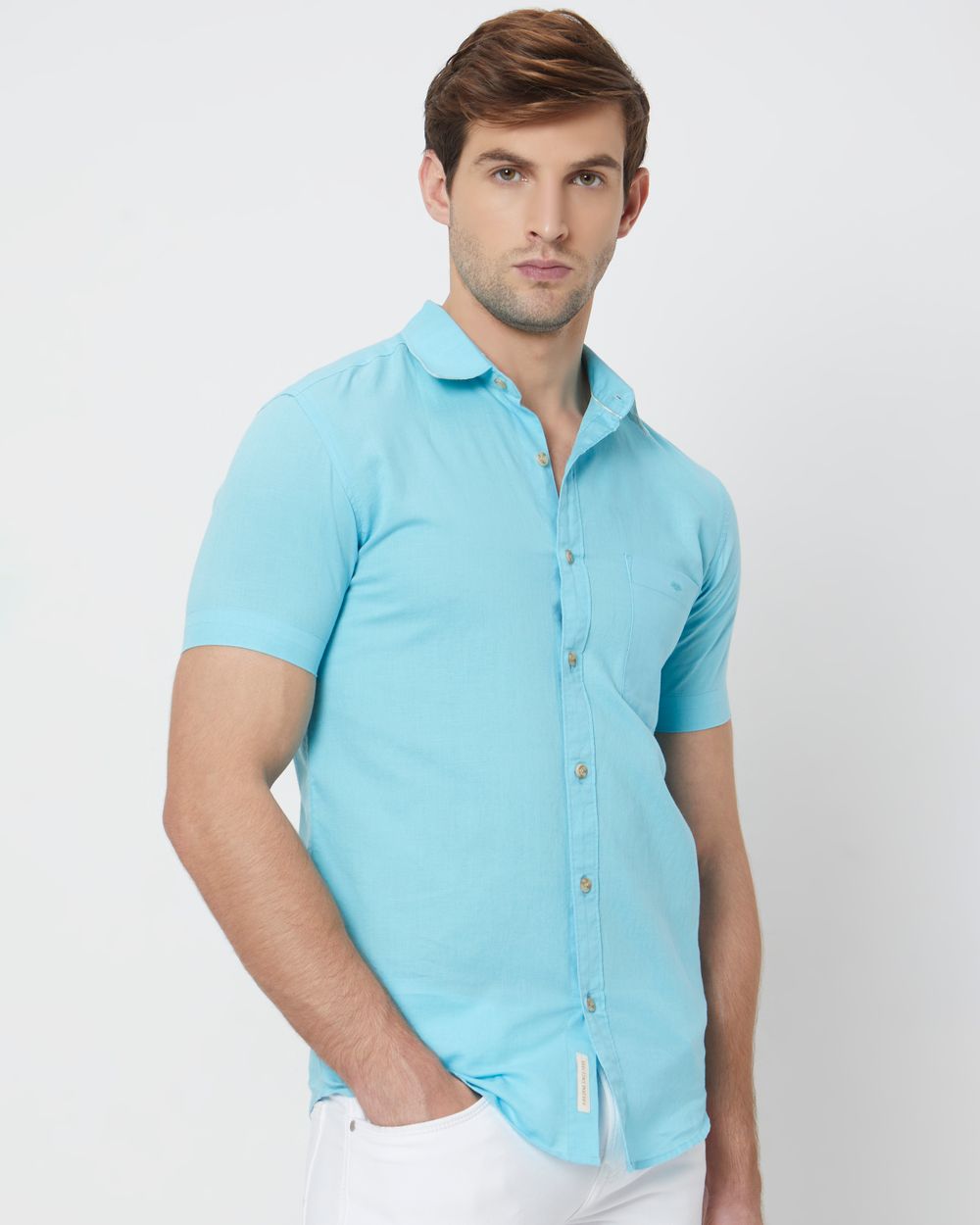 Turquoise Cotton Linen Plain Slim Fit Casual Shirt