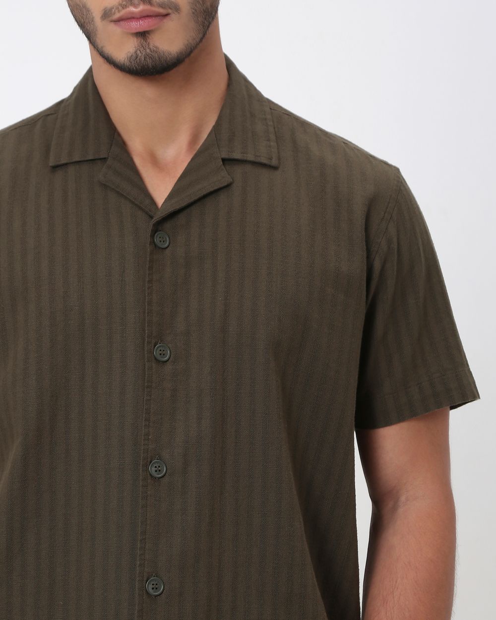 Olive Self-Stripe Plain Relaxed Fit Casual Shirt