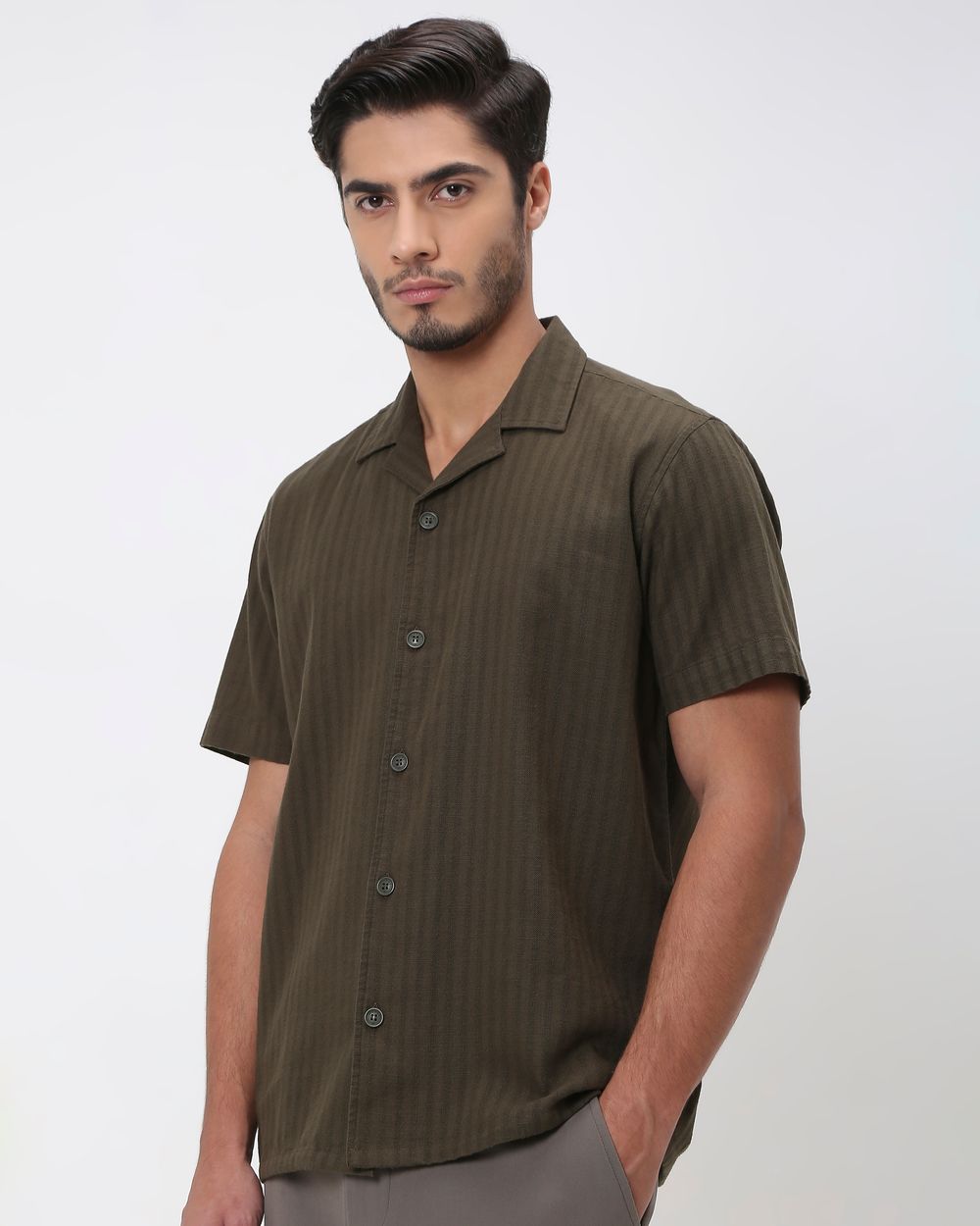 Olive Self-Stripe Plain Relaxed Fit Casual Shirt