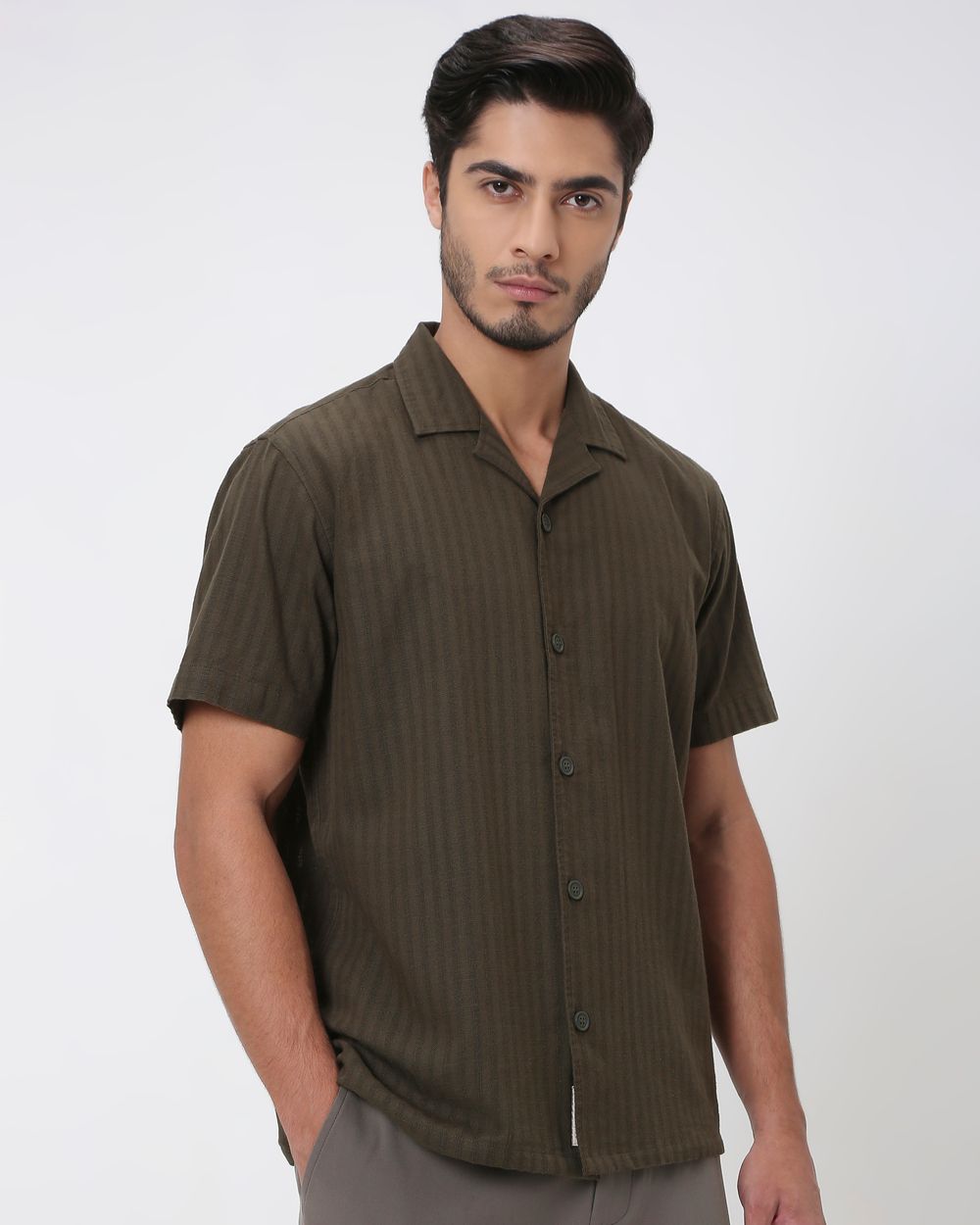 Olive Self-Stripe Plain Relaxed Fit Casual Shirt