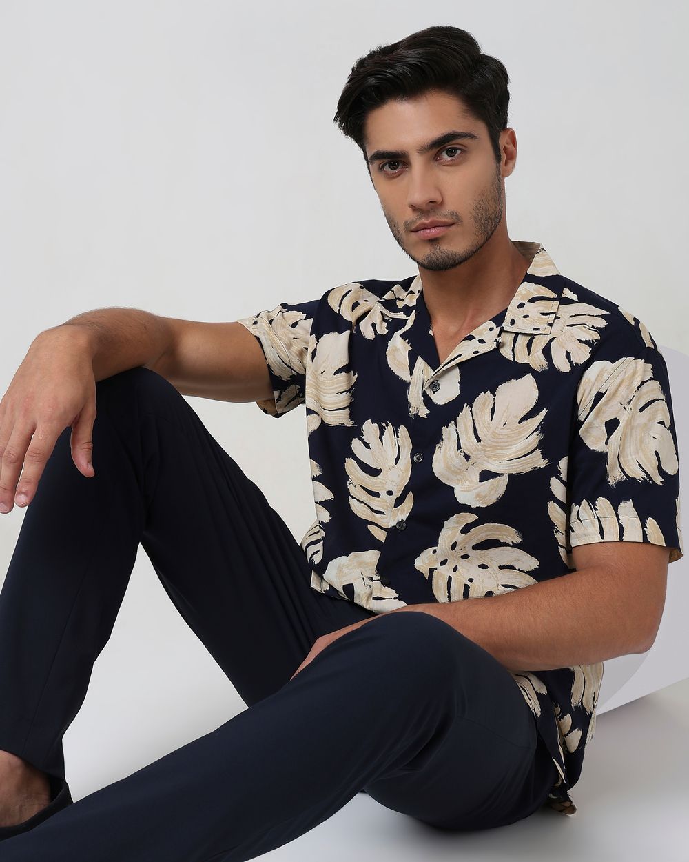 Navy Leaf Print Relaxed Fit Casual Shirt