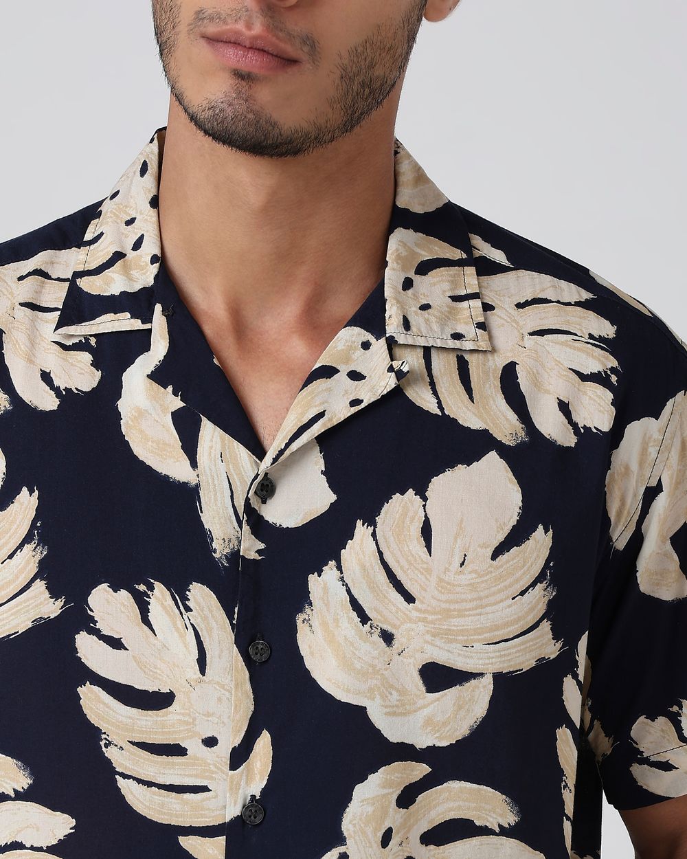 Navy Leaf Print Relaxed Fit Casual Shirt