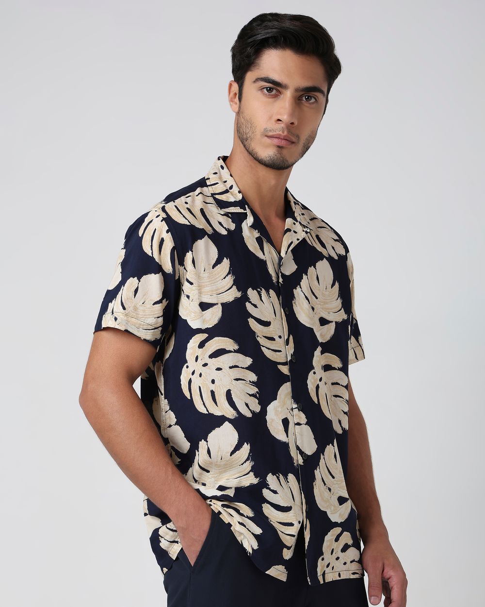 Navy Leaf Print Relaxed Fit Casual Shirt