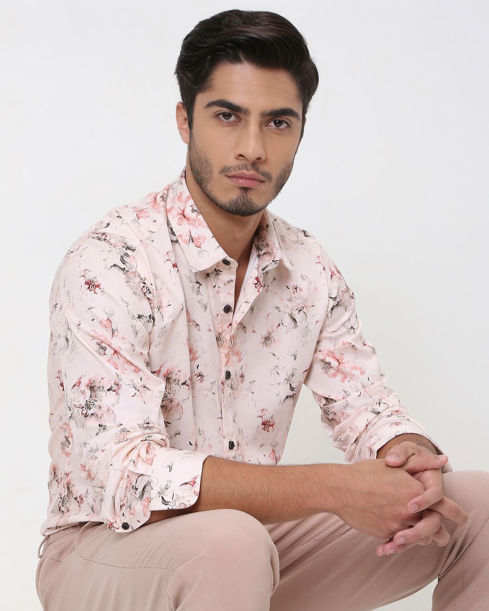 Pink Floral Print Slim Fit Casual Shirt
