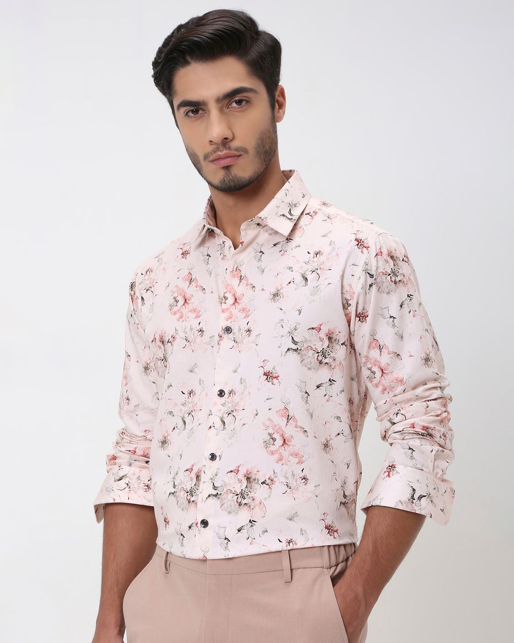 Pink Floral Print Slim Fit Casual Shirt