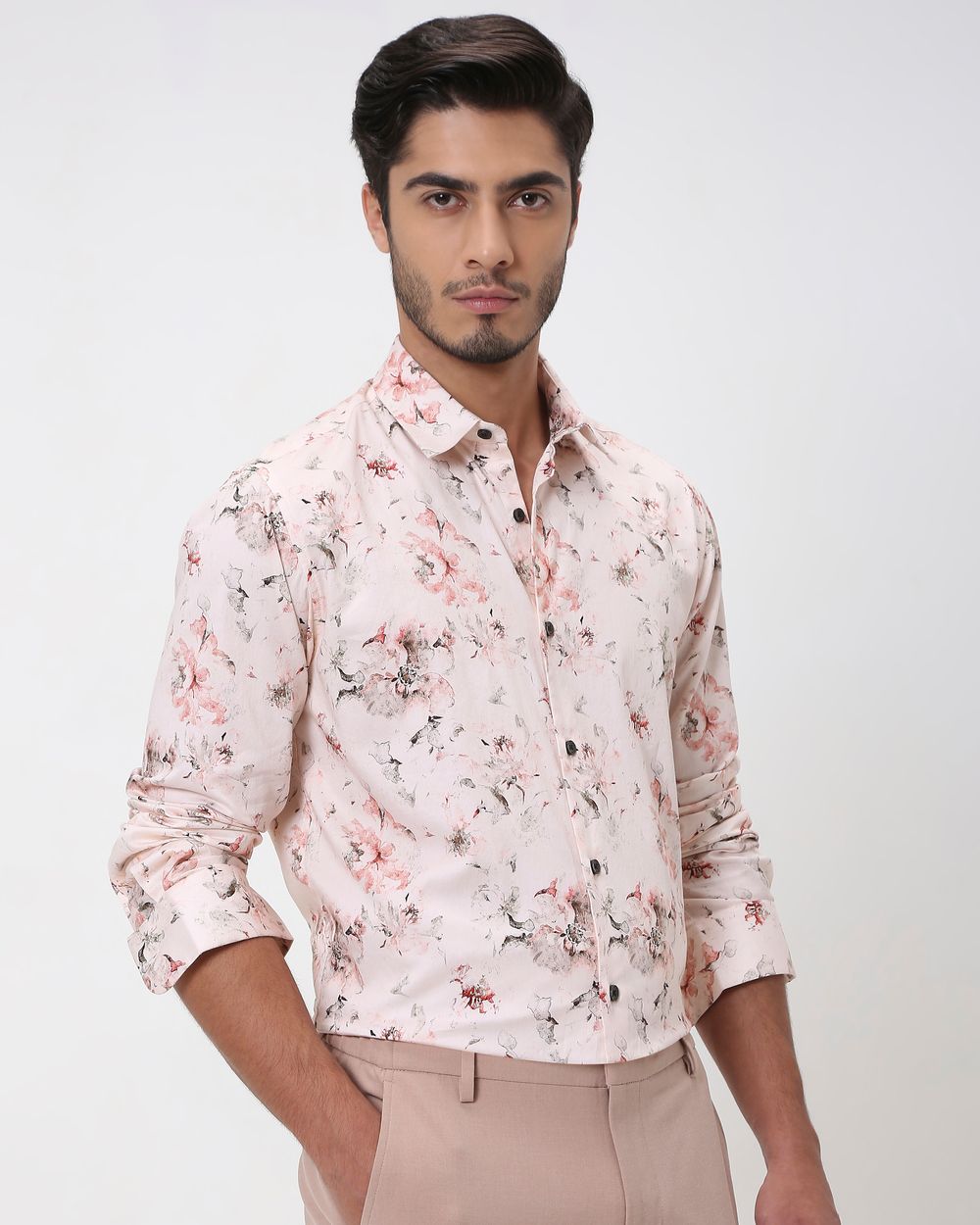 Pink Floral Print Slim Fit Casual Shirt