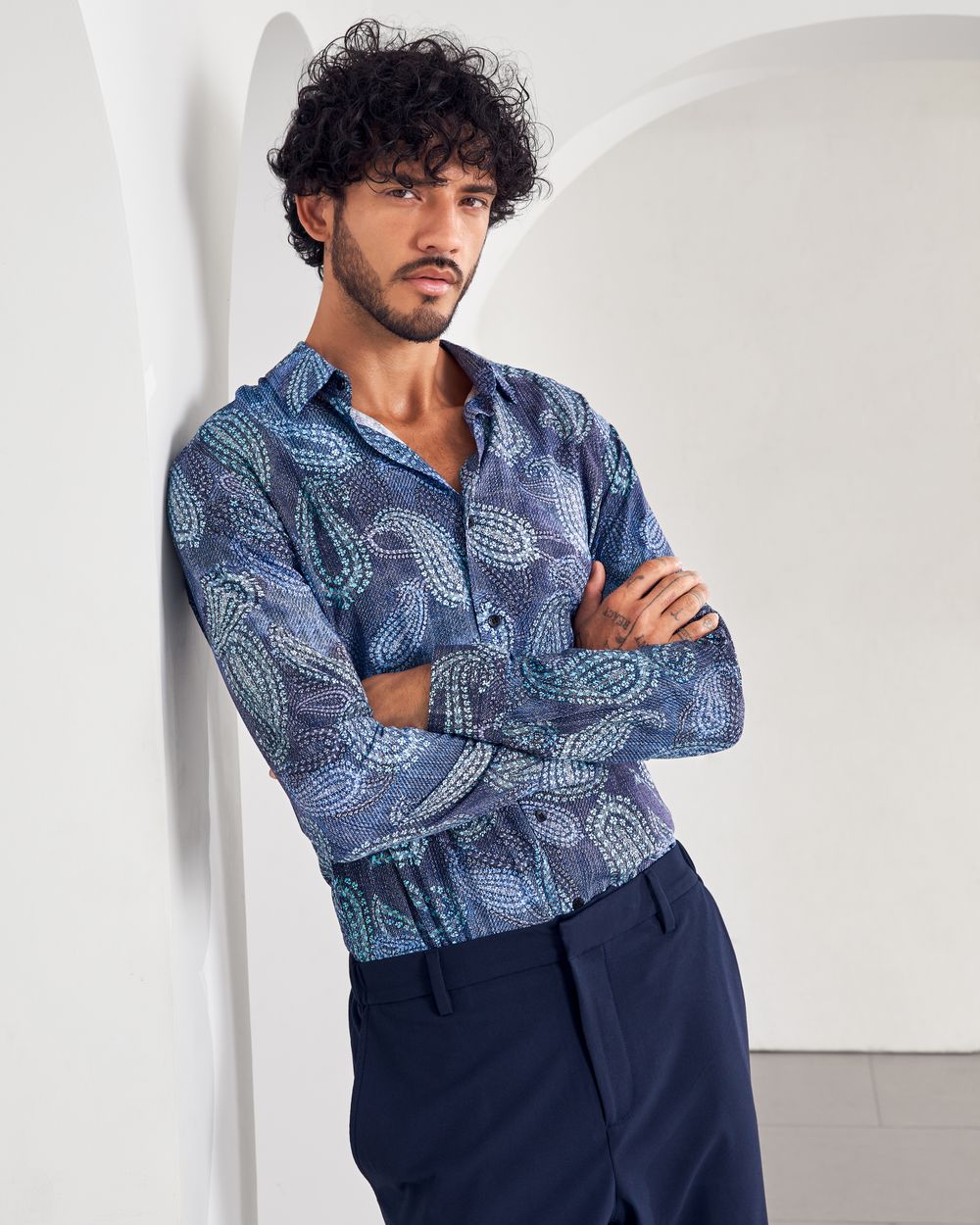 Blue Paisley Print Slim Fit Casual Shirt