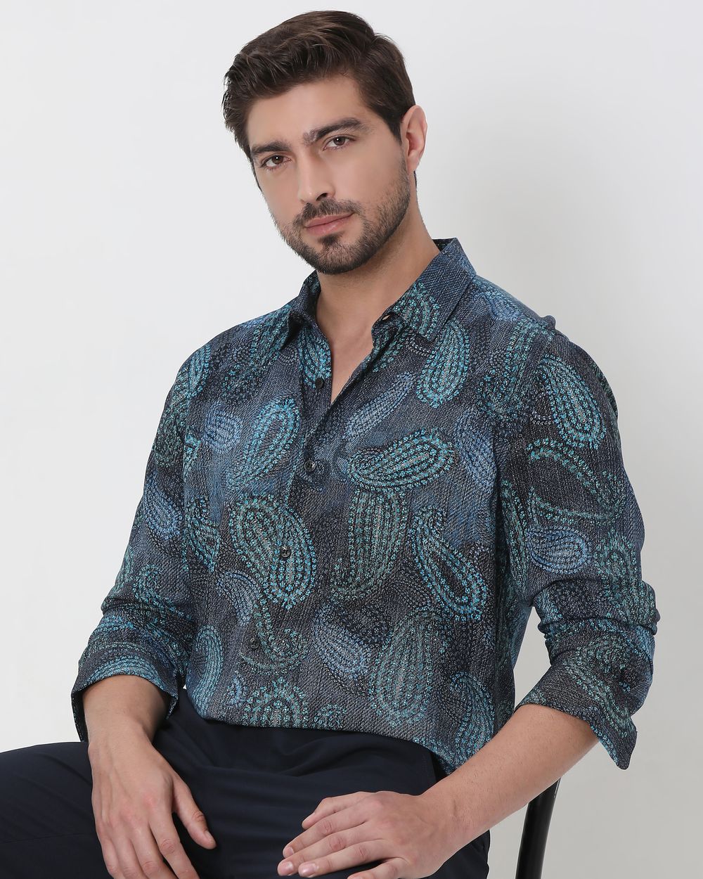 Blue Paisley Print Slim Fit Casual Shirt