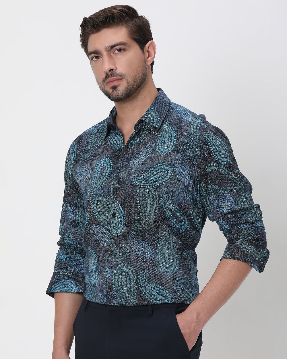 Blue Paisley Print Slim Fit Casual Shirt