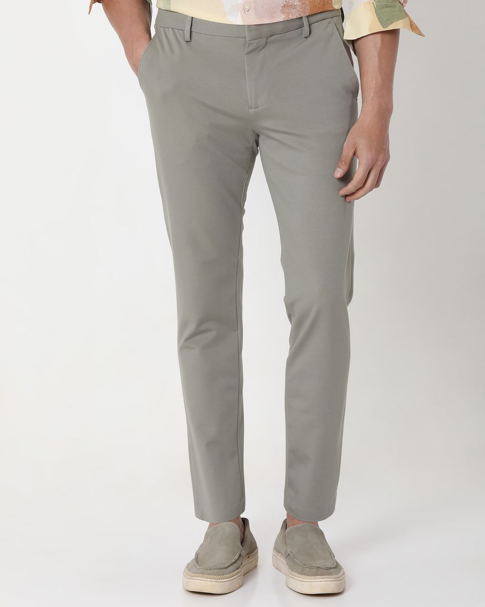 Light Olive Ankle Length Stretch Chinos Trouser