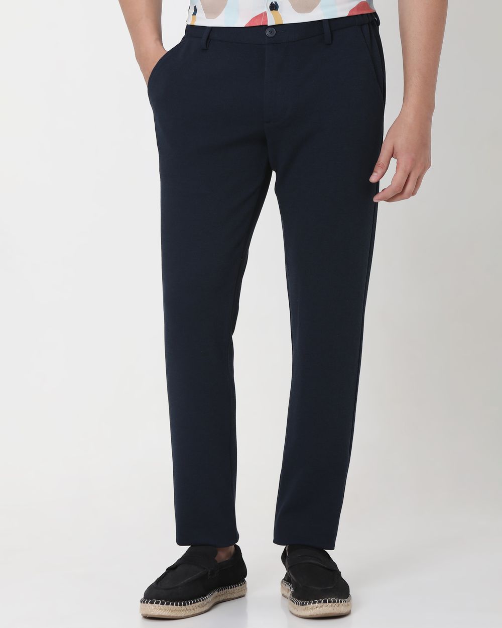 Navy Slim Fit Textured Jersey Stretch Chinos