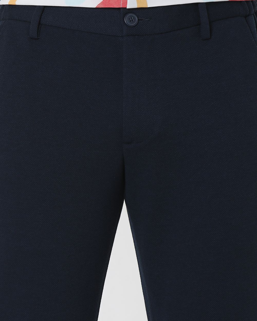 Navy Slim Fit Textured Jersey Stretch Chinos