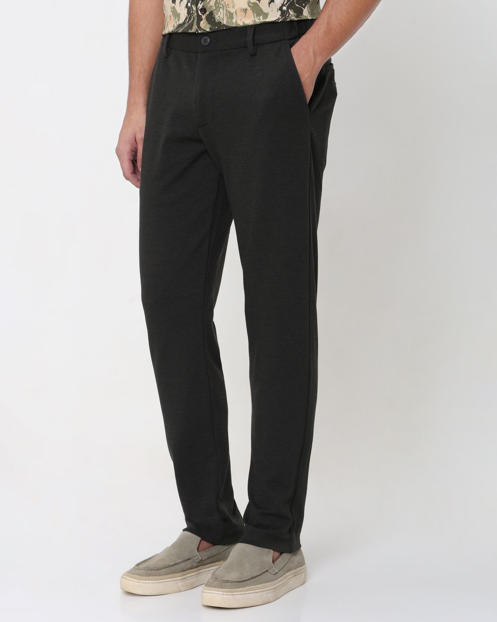 Olive Slim Fit Textured Jersey Stretch Chinos
