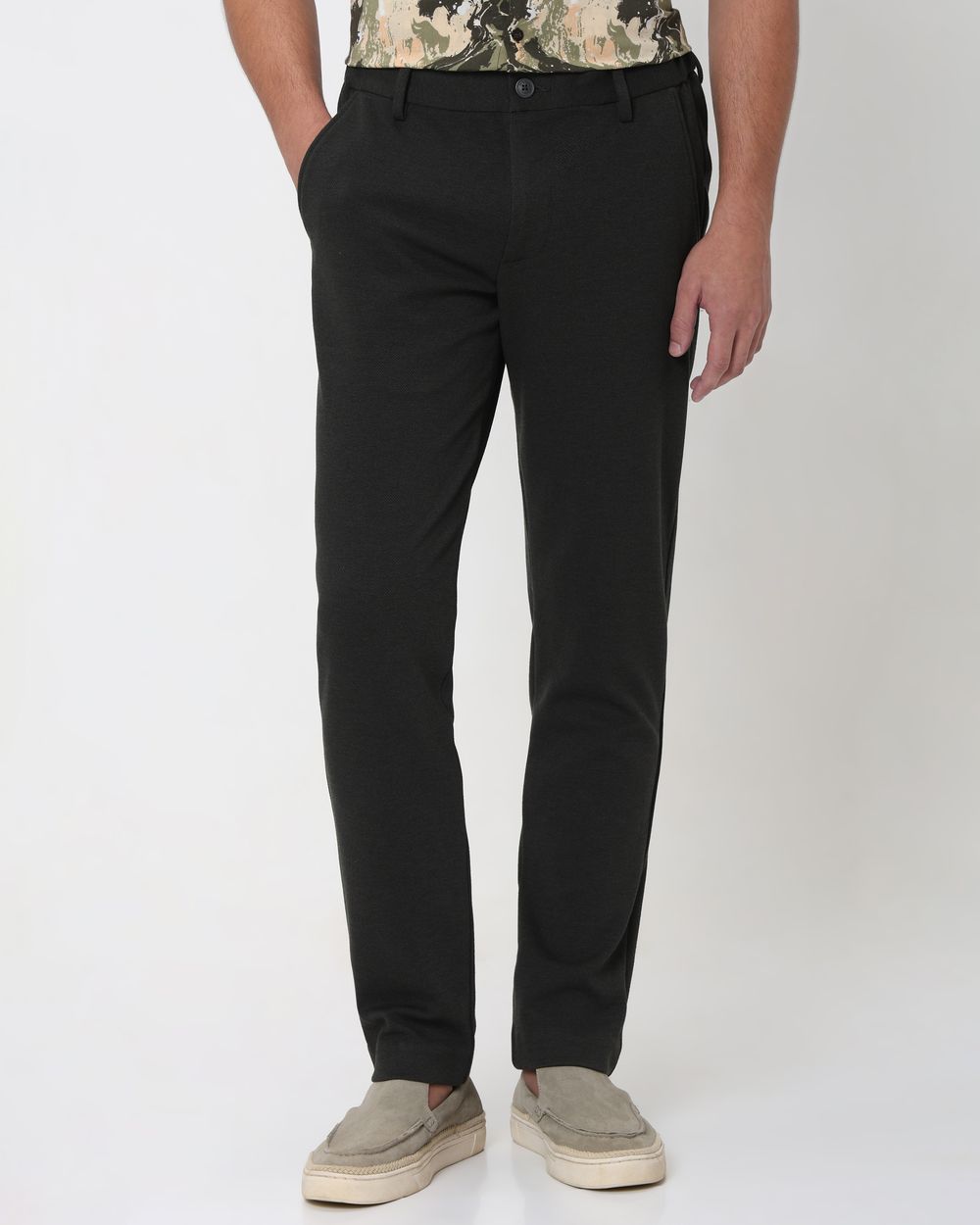 Olive Slim Fit Textured Jersey Stretch Chinos