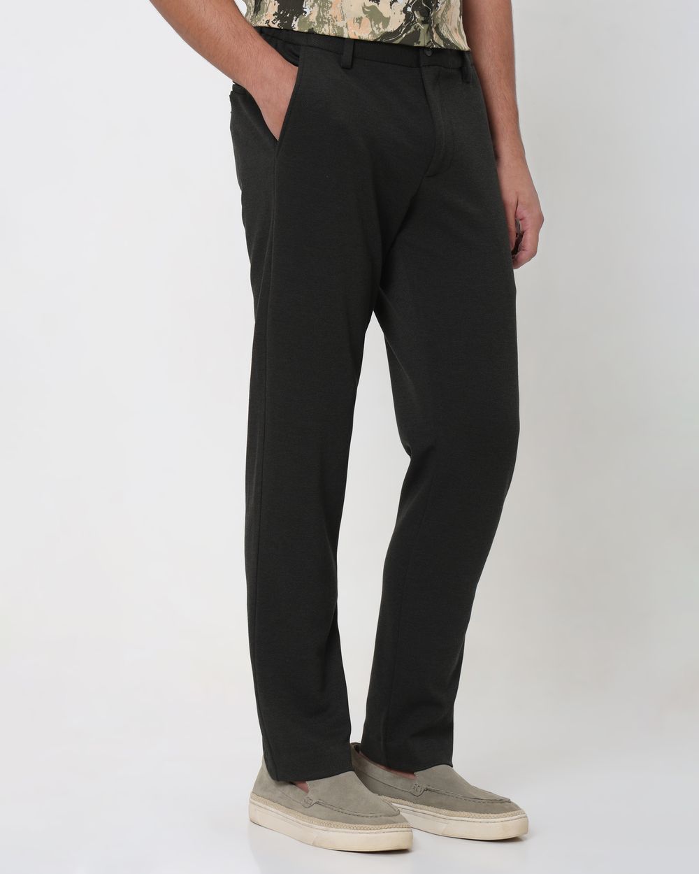 Olive Slim Fit Textured Jersey Stretch Chinos