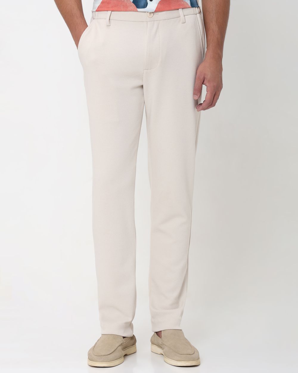Off White Slim Fit Textured Jersey Stretch Chinos