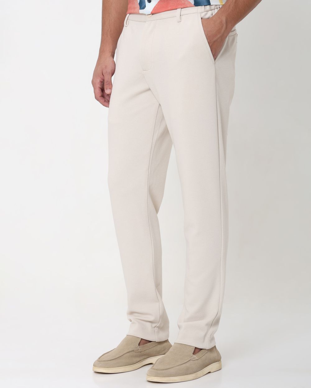 Off White Slim Fit Textured Jersey Stretch Chinos