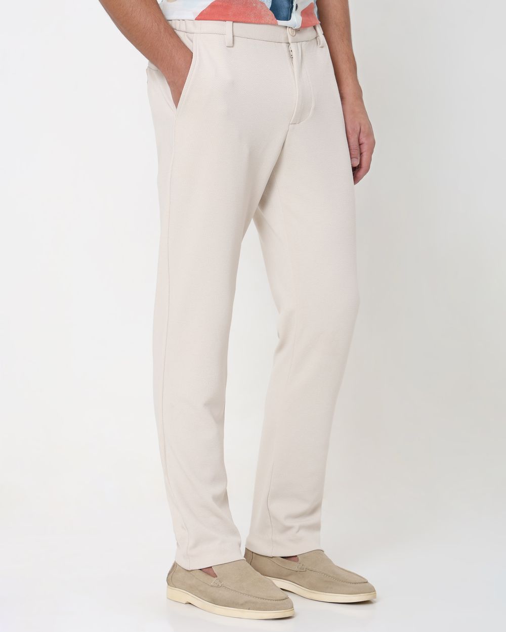 Off White Slim Fit Textured Jersey Stretch Chinos