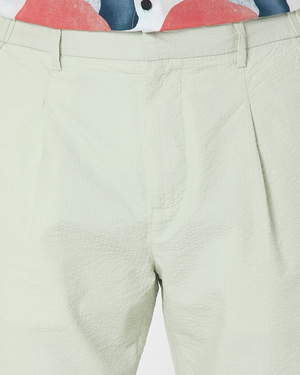 Light Green Relaxed Tapered Fit Seersucker Single Pleat Trouser