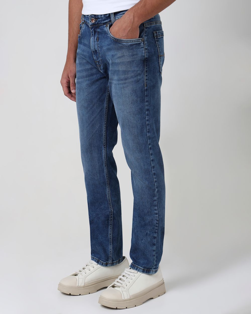 Mid Blue Straight Fit Originals Stretch Jeans