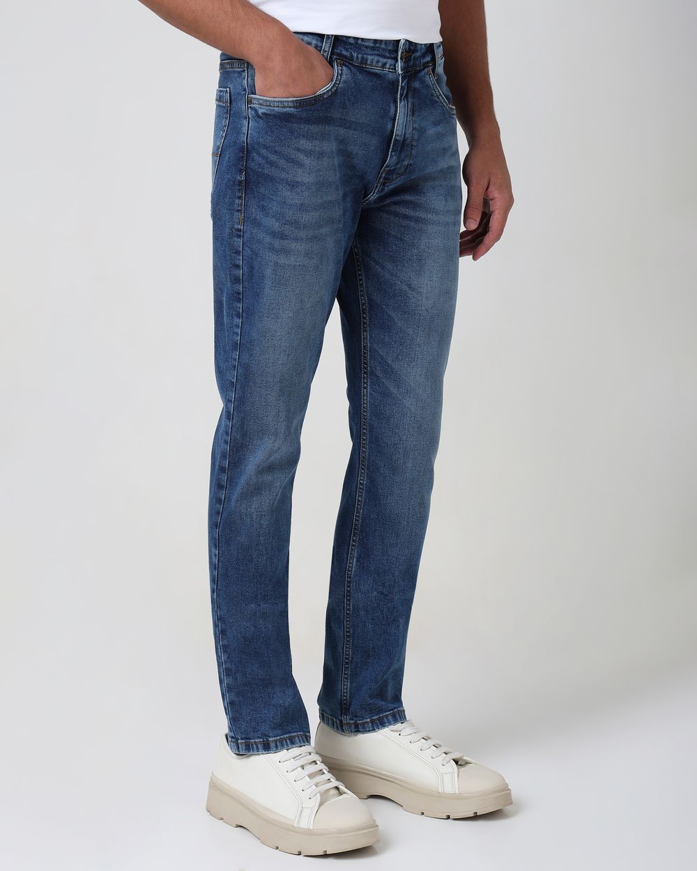 Mid Blue Straight Fit Originals Stretch Jeans