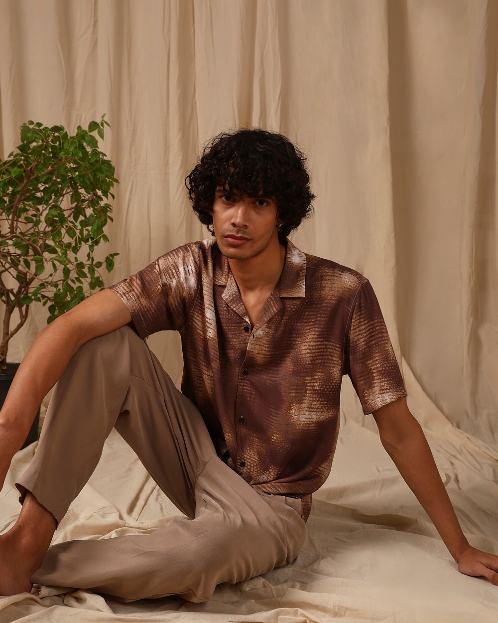 Brown Abstract Print Loose Fit Casual Shirt