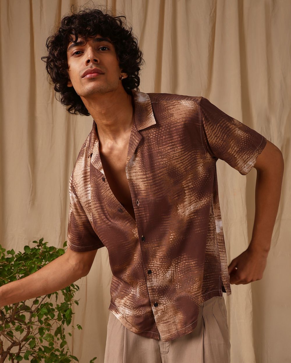 Brown Abstract Print Loose Fit Casual Shirt
