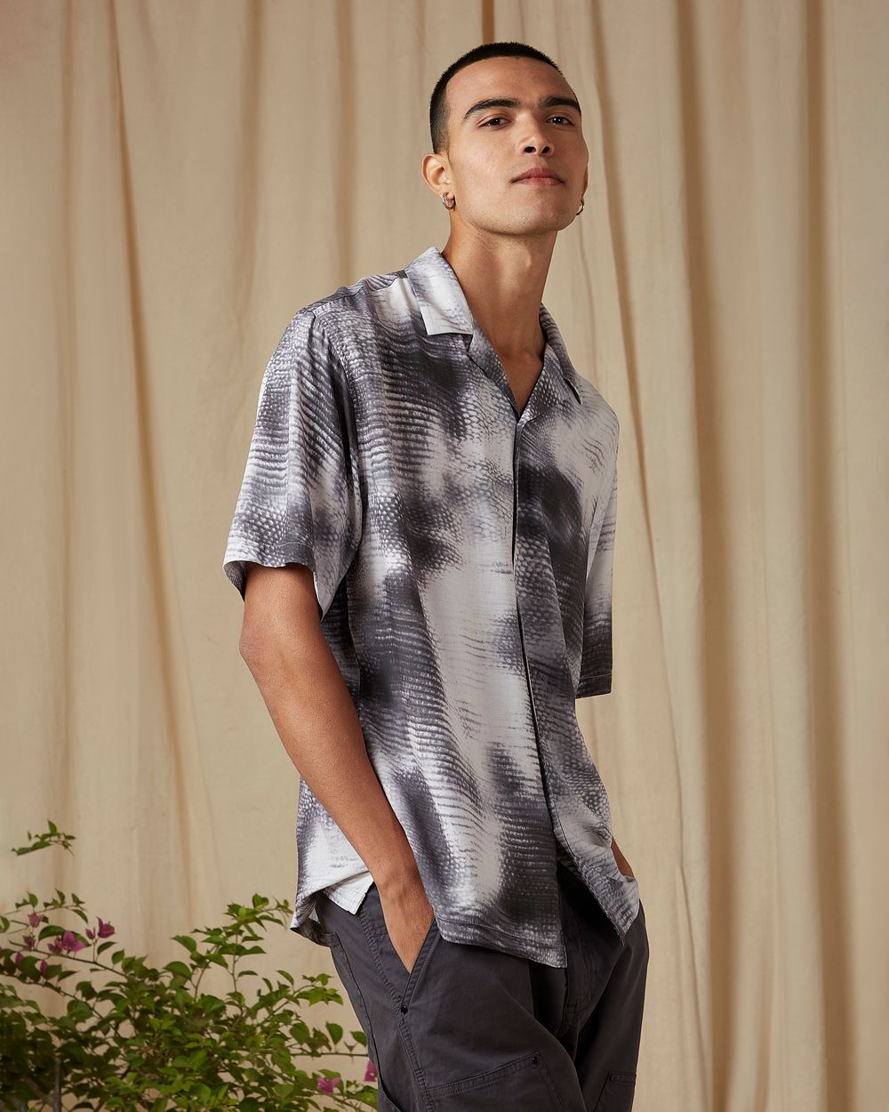 Grey Abstract Print Loose Fit Casual Shirt