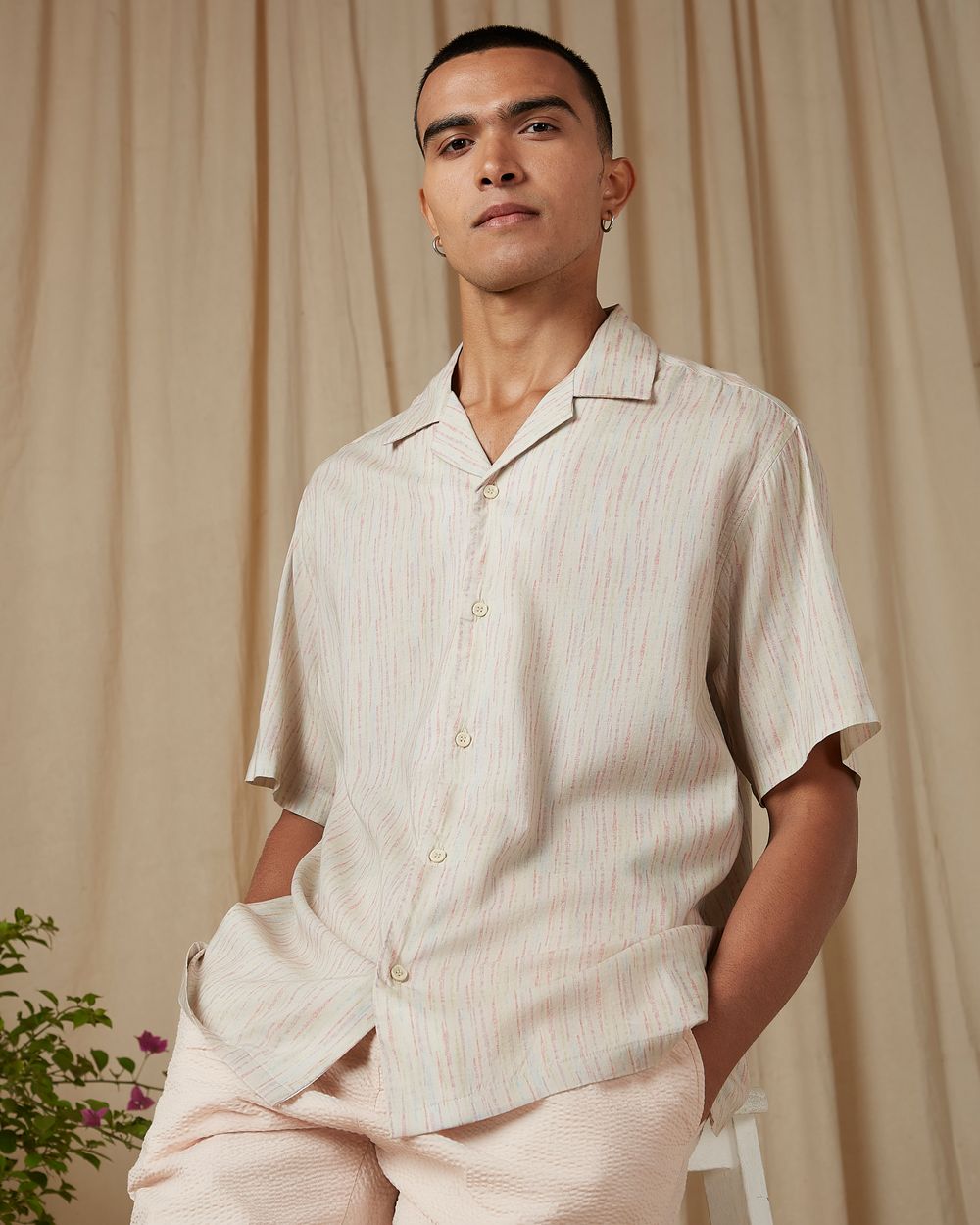 Beige Ikkat Print Loose Fit Casual Shirt