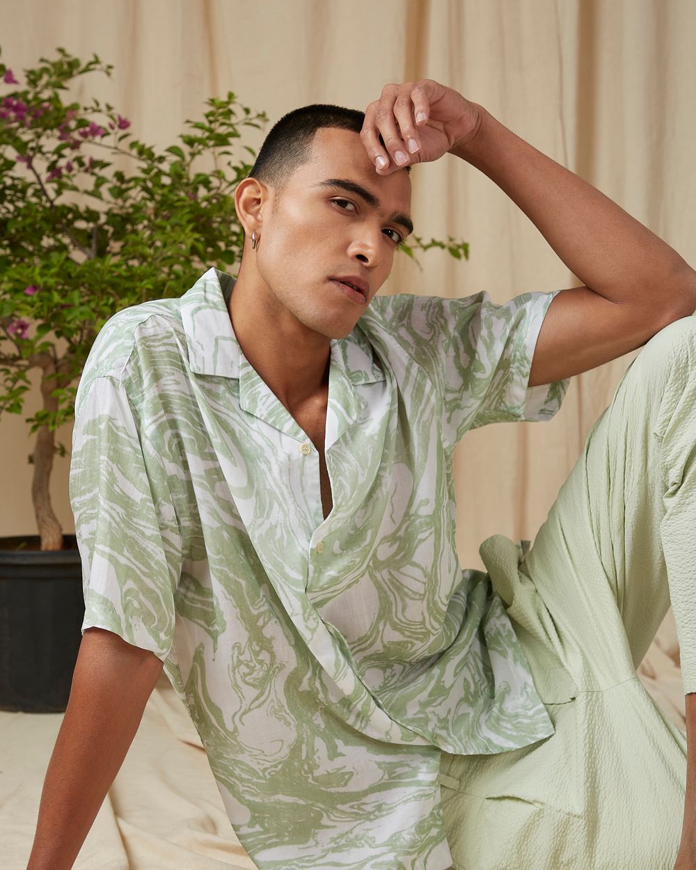 Light Green Marble Print Loose Fit Casual Shirt