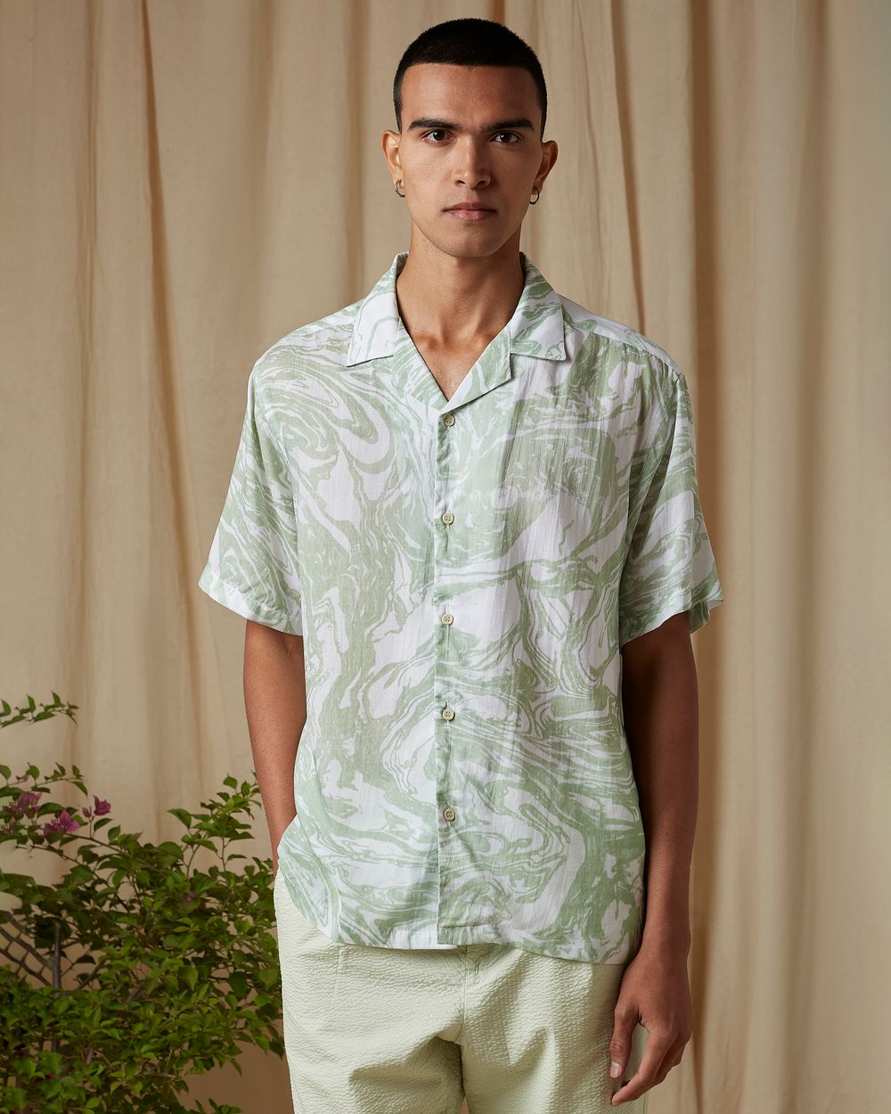 Light Green Marble Print Loose Fit Casual Shirt