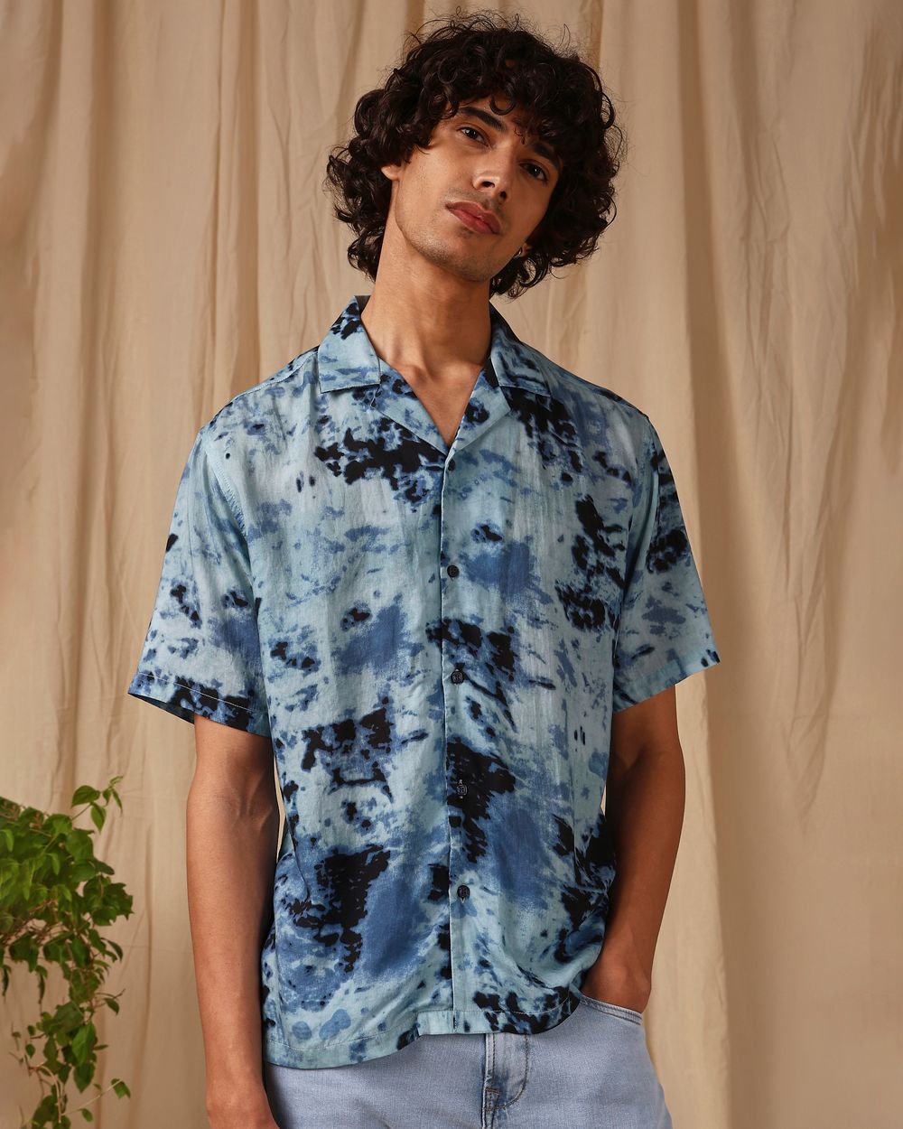 Blue Ink-Blot Print Loose Fit Casual Shirt