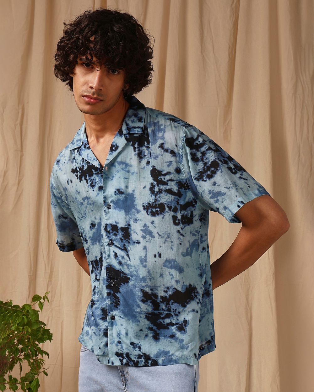 Blue Ink-Blot Print Loose Fit Casual Shirt