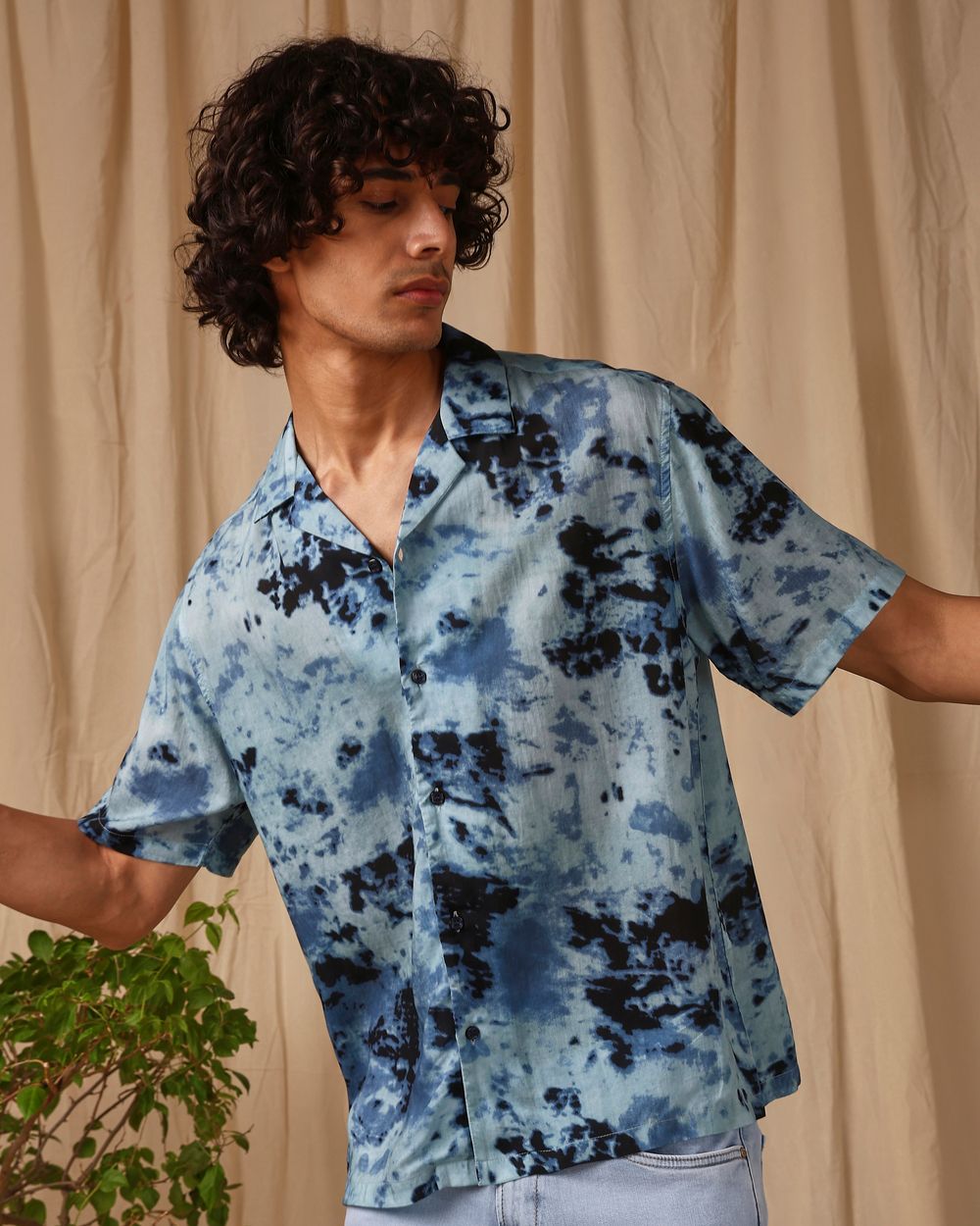 Blue Ink-Blot Print Loose Fit Casual Shirt