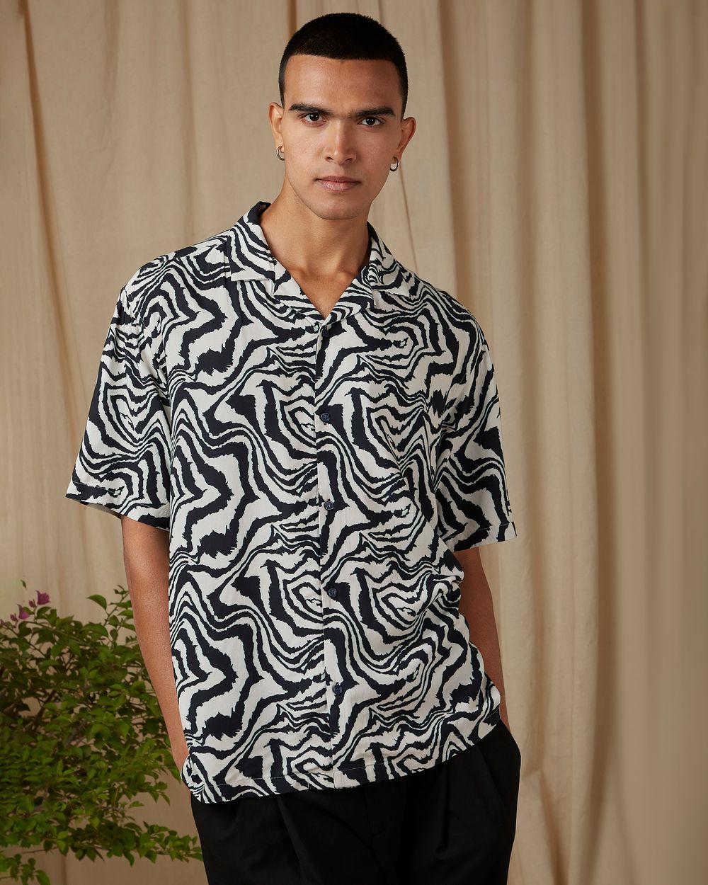 Navy Marble Print Loose Fit Casual Shirt