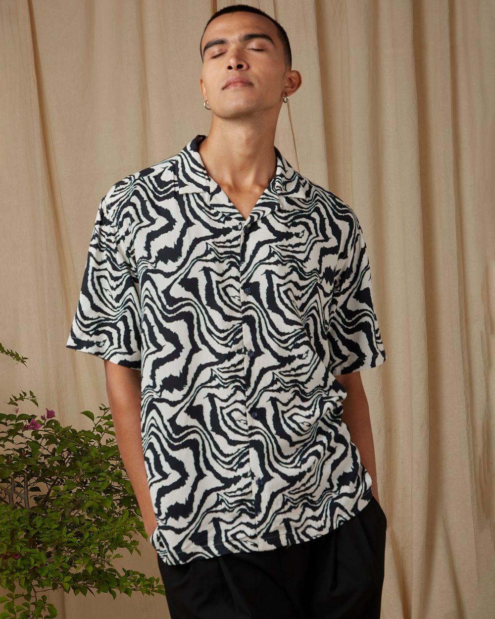 Navy Marble Print Loose Fit Casual Shirt
