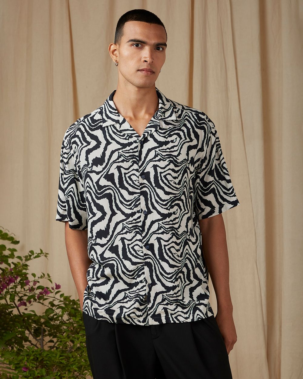 Navy Marble Print Loose Fit Casual Shirt