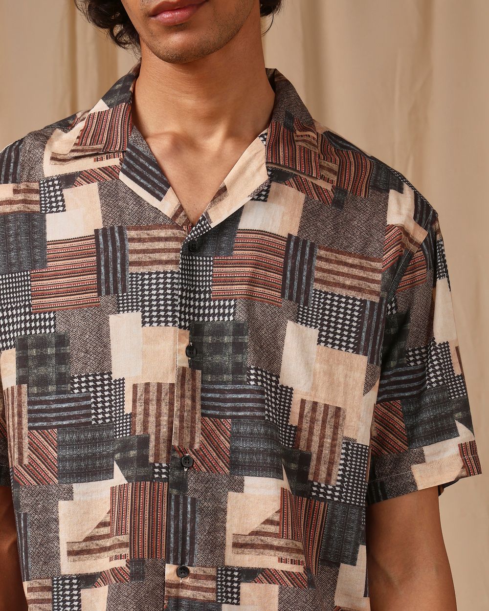 Multi Patchwork Print Loose Fit Casual Shirt