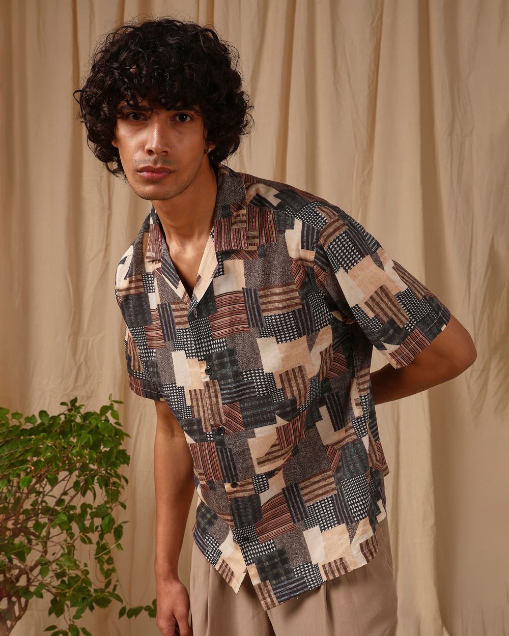 Multi Patchwork Print Loose Fit Casual Shirt