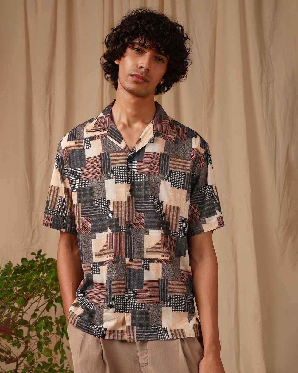 Multi Patchwork Print Loose Fit Casual Shirt