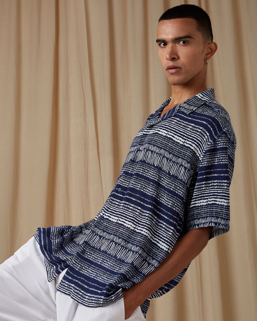Navy Artisanal Print Loose Fit Casual Shirt