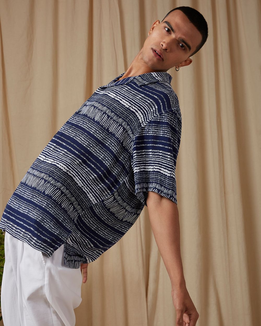 Navy Artisanal Print Loose Fit Casual Shirt