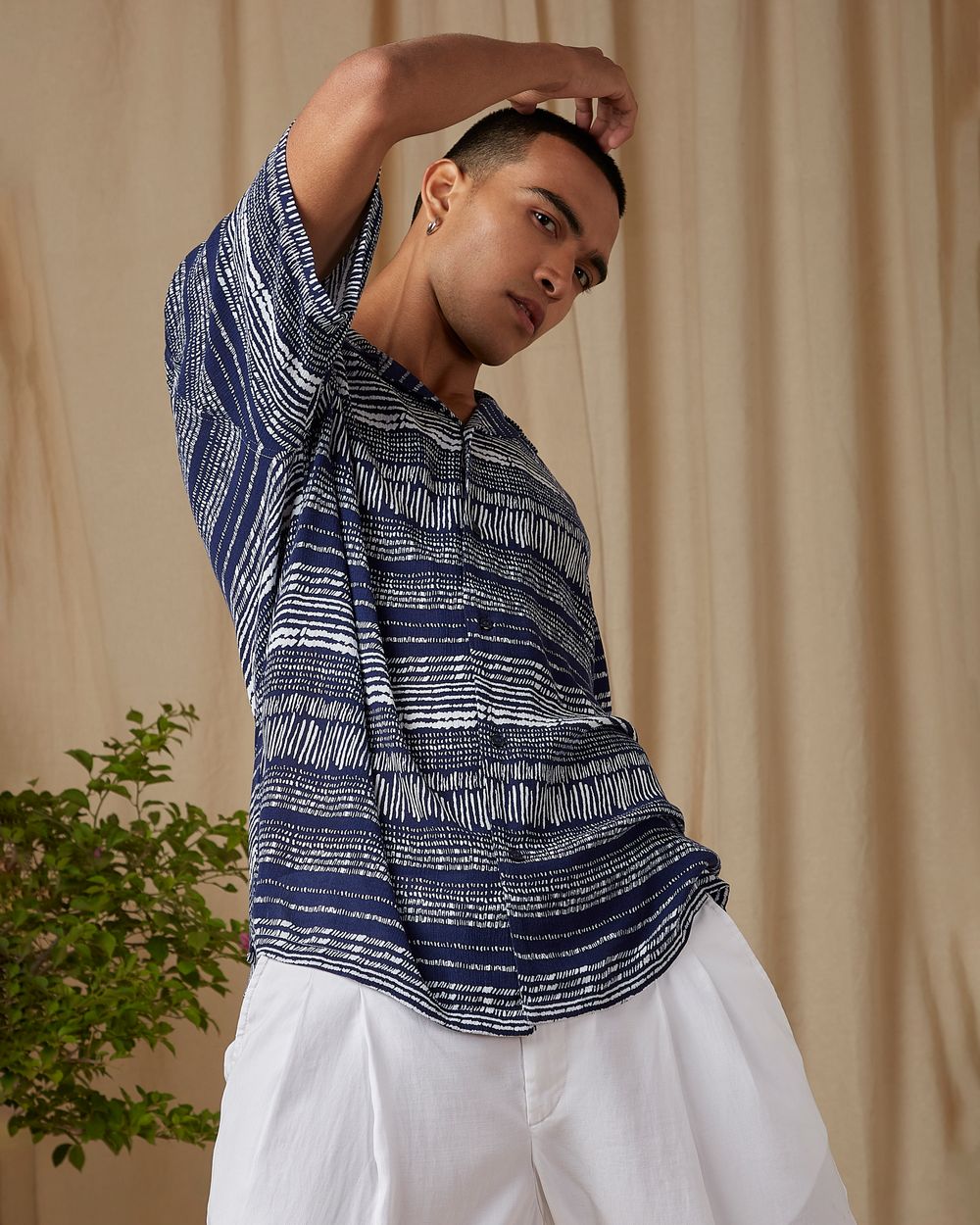 Navy Artisanal Print Loose Fit Casual Shirt