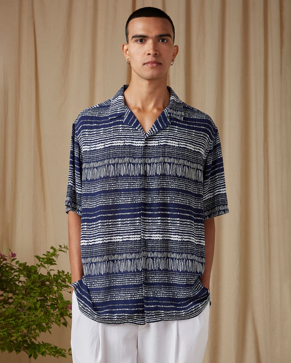 Navy Artisanal Print Loose Fit Casual Shirt