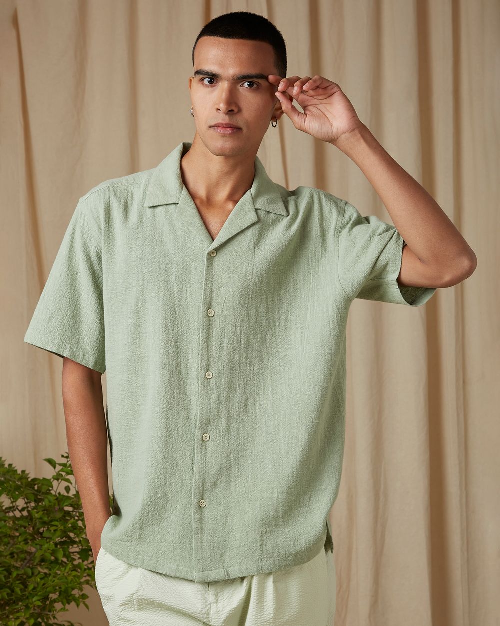 Light Green Textured Plain Loose Fit Casual Shirt